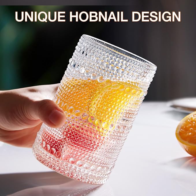 Drinking Water Glass Cups Set,Crystal Hobnail Glass set of 8,15oz&12oz | Unique Design Vintage Tall Glass Cups Sets for Whiskey,Cocktail,mocktails