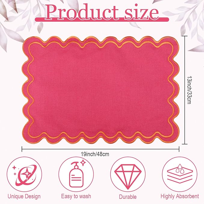 HunnmingRe Hot Pink with Orange Set of 6 Cotton Linen Wedding Placemats, 13x19 Inch Scalloped Wavy Embroidery Placemat Double Layered Washable Rustic Rectangle Dinner Table Mat for Home Decor