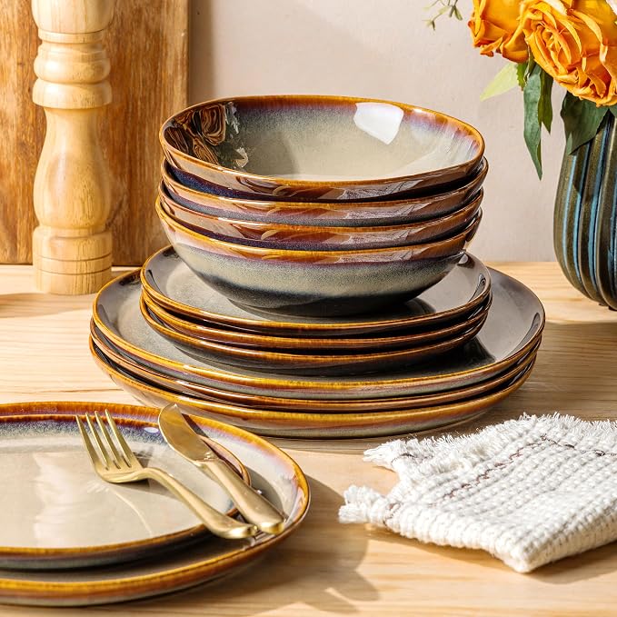Ceramic Dinnerware Set for 4, 12-Piece Plates and Bowls Set | Handmade Reactive Glaze Dish Set, Scratch Resistant, Oven & Microwave & Dishwasher Safe, Mocha Brown