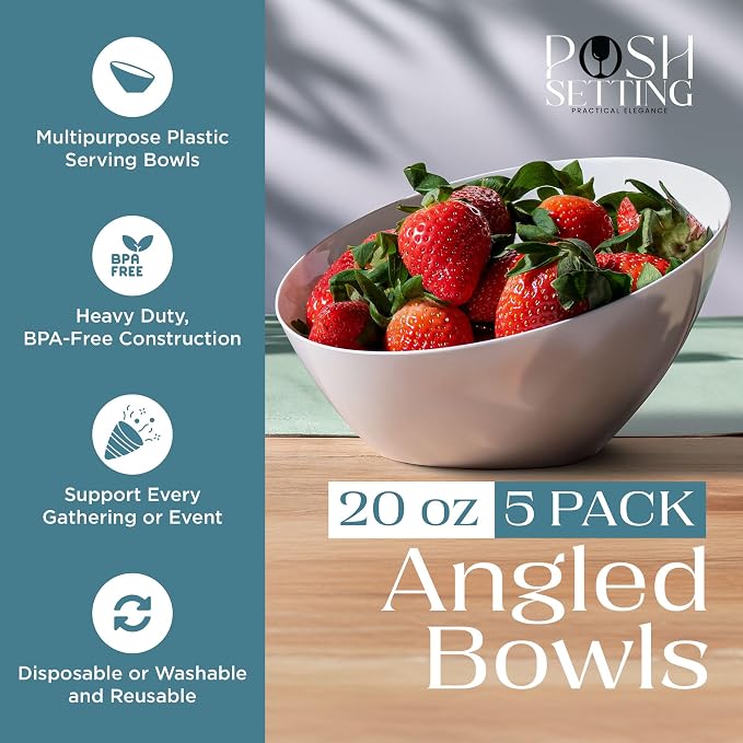 5 Pack White Angled Plastic Serving Bowl Disposable for Party Table 20oz | Angled Bowl Design. Chip, Candy, Salad & Fruit Use. Disposable Party Tableware. Buffet & Wedding Serving. White Plastic.
