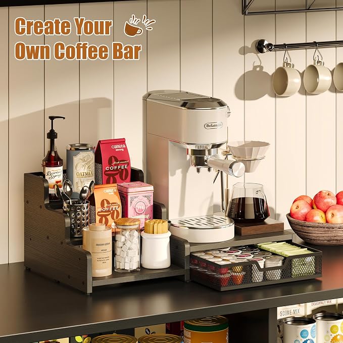 Coffee Station Organizer, 28-Pod K-Cup Holder, Coffee Bar Organizer Black | Coffee Pod Holder Drawer for Countertop,3-Tier Coffee Pod Organizer Stores Pods, Syrups, Cups & Coffee Accessories