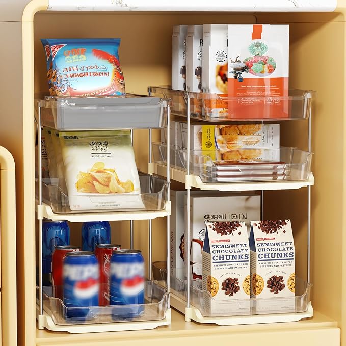 Delamu 2 Pack 3-Tier Bathroom Under Sink Organizers and Storage, Multi-Purpose Stackable Pantry Organization and Storage, Pull Out Clear Kitchen Bathroom Cabinet Organizer with Movable Dividers, Beige