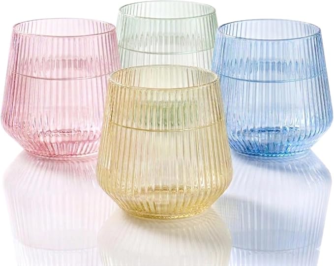 40 Pack Disposable Stemless Plastic Wine Glasses 12 oz - Origami Ribbed Shatterproof Reusable BPA-Free Recyclable Unbreakable Cocktail Cups, Champagne Wedding Birthday Party, Oojami (Color Collection)