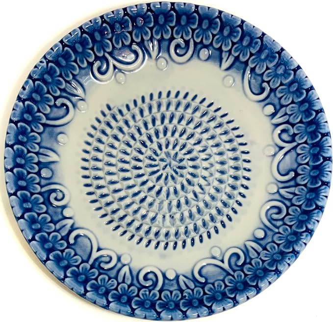 Premium Ceramic Garlic Grater Plate Set - Blue Embossed | All-in-One 4-Piece Set includes 5.25" Plate, Peeler, Brush, and Stand - For Garlic, Ginger, Fruits, Strawberries, and more!
