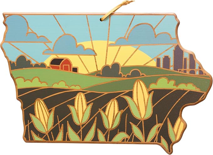 Totally Bamboo Iowa State Shaped Cutting Board, Summer Stokes Art | State charcuterie board with colorful hand-drawn landscape art. Smooth reverse side for food prep. Hang tie for wall display.