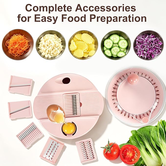 Stainless Steel Salad Spinner Large, Vegetables Fruits Wash Bowl with Strainer, Lettuce Spinner Dryer with Lid and 5 Blades Slicer, Egg Yolk Strainer, Shredder for Efficient Salad Preparation 5.3Qt