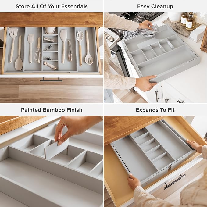 Utensil & Junk Drawer Organizer, 19-33 in, Gray Bamboo | Food-safe contract grade, 100% sustainable wood, non-slip, adjustable