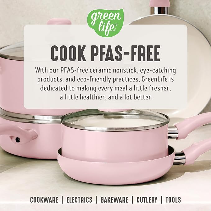 GreenLife 5QT Ceramic Nonstick Stockpot with Lid, Blush Pink | PFAS-Free Nonstick Coating, Casserole Pot, Soup Pot, Pasta Pot, Induction Ready, All Stovetop Compatible, Dishwasher Safe