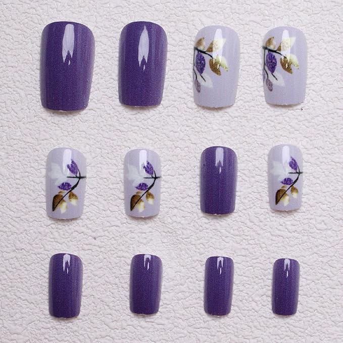 24 Pcs Fall Press on Nails Medium Square Fake Nails with Flower Full Cover Designs Nails Press ons Purple Glue on Nails Glossy Stick on Nails for Women