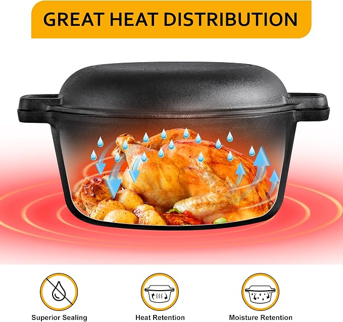 Velaze Cast Iron Dutch Oven with Skillet Lid, 2-in-1 Pre-Seasoned, 5QT | Dual Handles,for Bread Baking,Frying,Camping,Home Cooking Use,Non Stick Finish,Oven,Grill,Includes Tripod,Lid as Cooking Pan