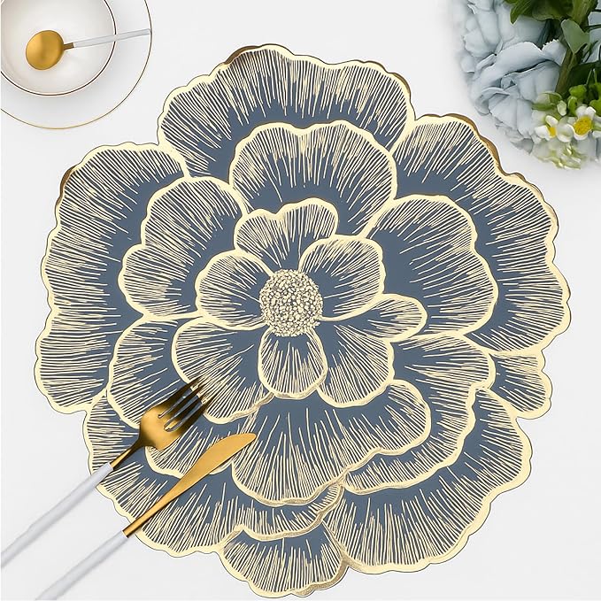 Gold Flower Placemats Set of 6 Pressed Vinyl Table Mats for Dining Table | Round Blue Centerpiece Decor Washable Waterproof Non Slip 15 Inch For Wedding Birthday Party Restaurant
