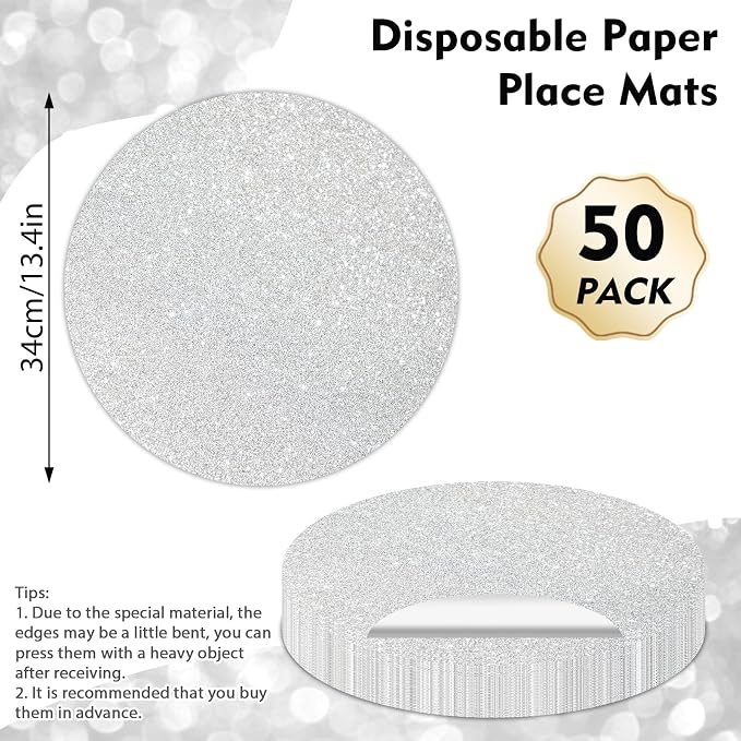 50PCS Silver Glitter Paper Placemats Disposable 13.4 Inch Shiny Round Paper Place Mats Decorative Silver Table Mats for Birthday Wedding Valentine's Day Party Sparkle Dining Tableware