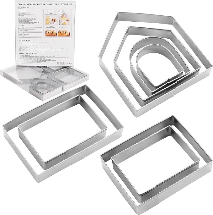 MrCookie Large Gingerbread House Cookie Cutters,8pc Sturdy Stainless Steel. | Food-grade thickened stainless steel,sturdy for Christmas baking. 2 Gingerbread house sizes,PET box &Recipe Instruction.