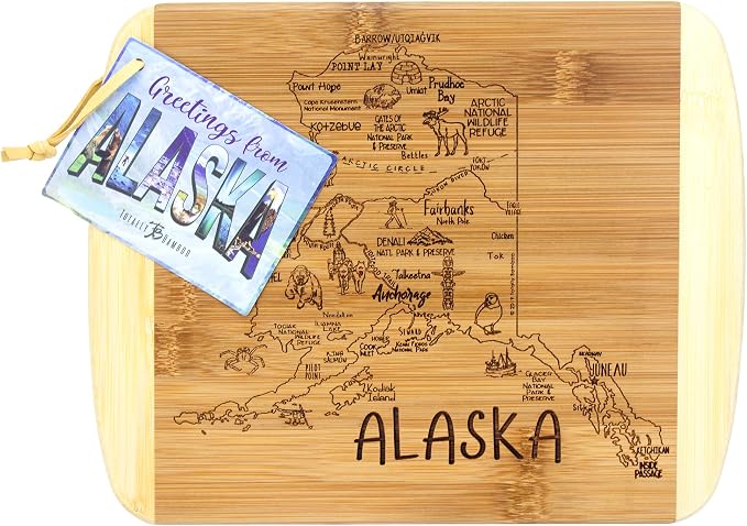 Totally Bamboo A Slice of Life Alaska Engraved Map Cutting Board | 11” x 8.75” charcuterie board with engraved state map artwork. Smooth reverse side for food prep. Hang tie for wall display.