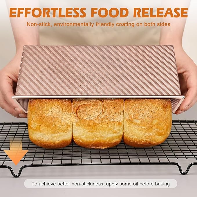 Pullman Loaf Pan with Lid, Non-Stick Carbon Steel Bread Pan for Homemade Sandwich & Sourdough Bread, 1lb Dough Capacity, Corrugated Toast Box Mold, Gold