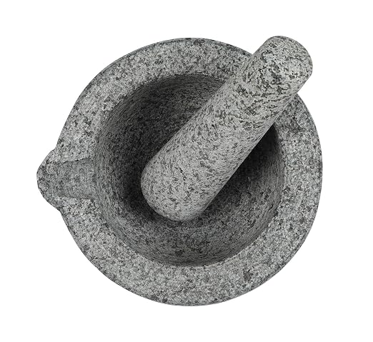 Granite Mortar and Pestle Set – Guacamole Bowl Traditional Molcajete, Large 15Fl Oz 2 Cup Capacity, Natural Stone Grinder with Pouring Spout + Bonus Recipe Ebook, Anti Slip Pad, Organic Cleaning Brush