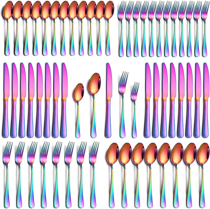 PHILIPALA 60 Piece Rainbow Silverware Set, Stainless Steel Flatware Set for 12 Colorful Novelty Flatware Cutlery Utensil Set Include Knife Fork Spoon Food Grade Mirror Polished Dishwasher Safe
