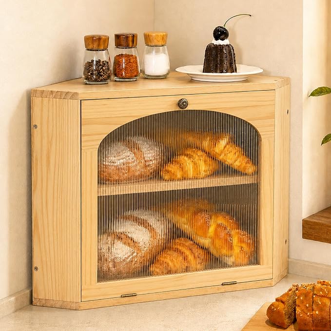 Corner Bread Box for Kitchen Countertop, Solid Wood, Natural | 2-Tier Large Capacity, Wooden Bread Box, Vintage Farmhouse Breadbox, Pine Wood, Bread Storage Container, Adjustable Shelf