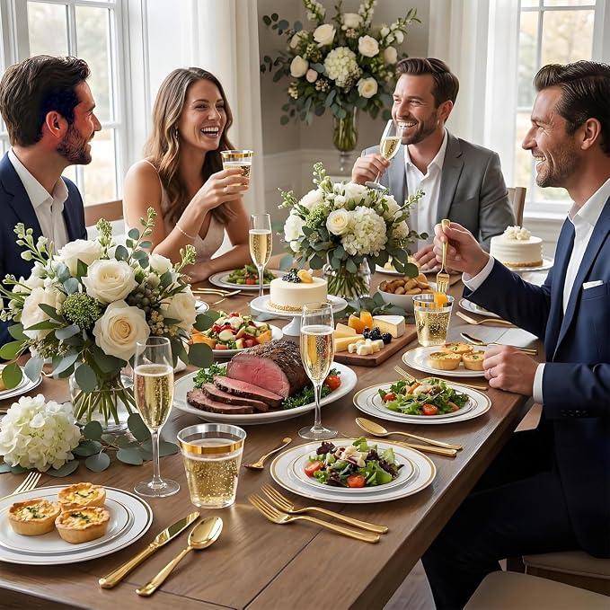 600PCS White and Gold Plastic Plates, Disposable Dinnerware Set | 100 Dinner & Dessert Plates, Forks, Spoons, Knives, Cups, Heavy Duty, Gold Rim, 100 Guest, for Wedding Birthday Party