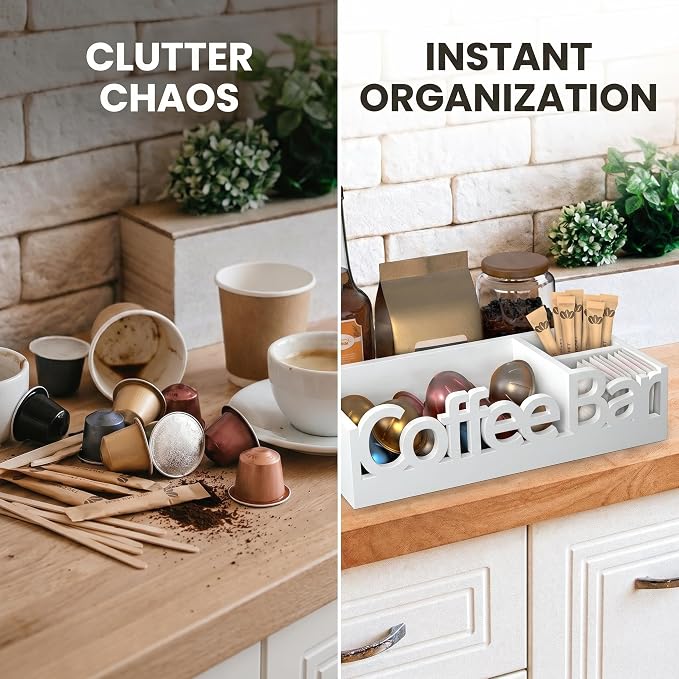 Coffee Bar Organizer Countertop, White Wood Coffee Station Caddy Tray,White | Coffee Pods, Tea Bags, Creamers & Condiments