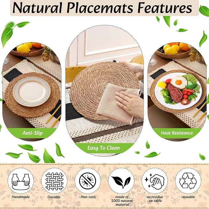 6 Sets Boho Decoration Placemats Round Woven Placemats, Cloth Napkins, Wood Bead Napkin Rings, Long Table Runner and Farmhouse Burlap Cotton for Table Kitchen (Black,12x72)