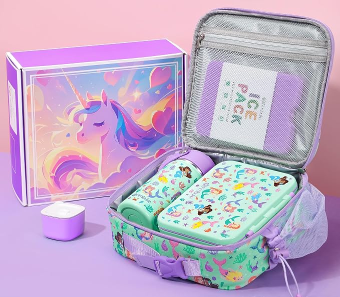 Fimibuke Bento Lunch Box for Kids - Toddler Girls Snack Bento Box Container | with 3 Compartments, 14oz Stainless Steel Water Bottle, Insulated Lunch Bag, Ice Pack Set for Ages 3-12 Daycare, Mermaid