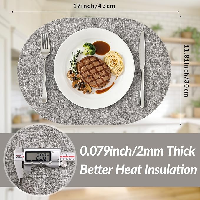 Placemats Set of 4, 11.8 x 17 Inch, Light Grey | Heat Resistant Oval Faux Leather Place Mats, Waterproof Wipeable Reversible PU Placemat, Indoor & Outdoor