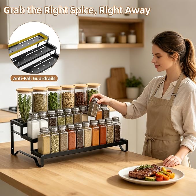 Expandable Spice Rack Organizer for Cabinet 3 Tier Spicy Shelf Black 2Pack | Adjustable Length 13"-21", Easy to See Labels, Sturdy Metal, Slip-Resistant Guardrails for Jars, Cabinet & Countertop Storage