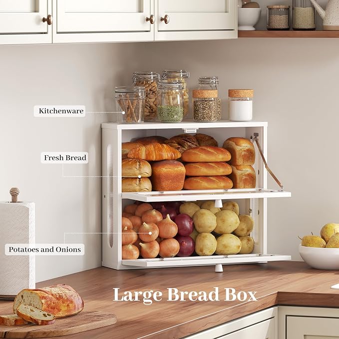 Corner Bread Box for Kitchen Countertop, 2026 New Double Layer Bamboo Bread Storage Bin, Large Bread Container for homemade bread (White)