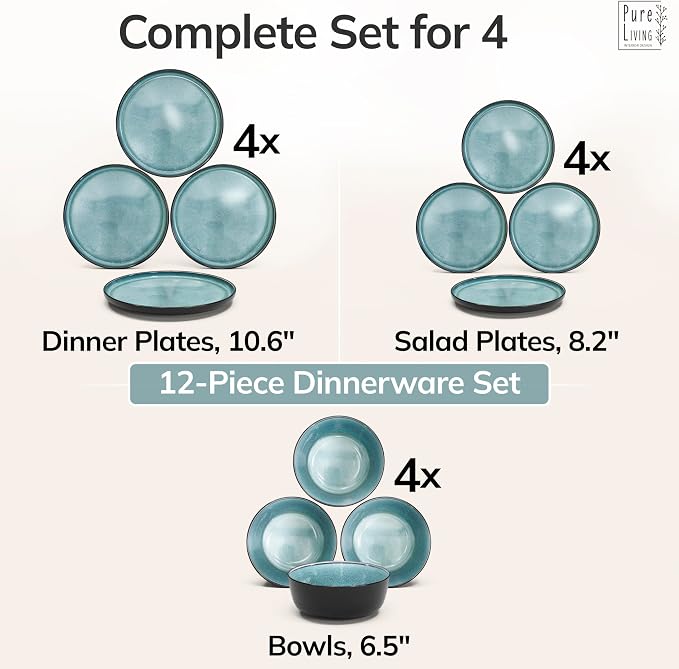 Stoneware Dinnerware Set for 4, 12 Piece Plates and Bowls Set - Handmade Reactive Glaze, Chip & Scratch Resistant Sets - Dishwasher Microwave Safe, Modern Kitchen Dinner Service in Dark Petrol Blue