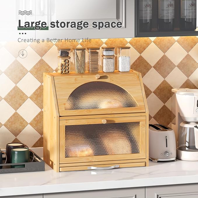 STDDRE Double Layer Bamboo Corner Bread Box with Cutting Board(Natural) | Extra-large capacity. Double Layer Bread Storage Bin with Door Panel for Kitchen Counter.for kitchen counter