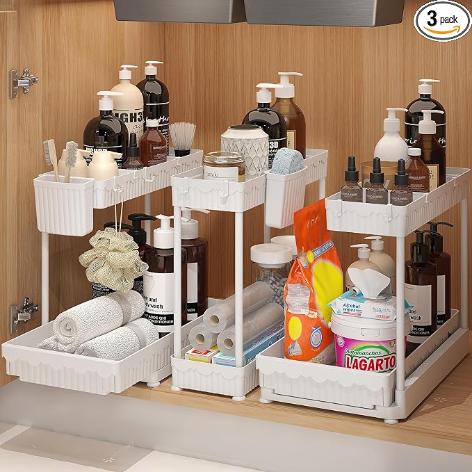 3-Pack 2-Tier L-Shaped Under Sink Organizers with Sliding Drawers | Multi-use kitchen & bathroom storage, 14.85 inch white cabinet organizer, space-saving sliding drawer design.