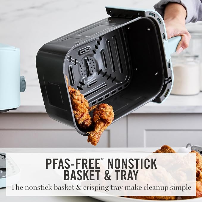 Martha Stewart 6-Quart Air Fryer, 6 Presets, Space Saving, Sky Blue | 3lb Capacity, PFAS-Free Ceramic Nonstick Basket & Tray, Bake, Roast, Broil, Dehydrate, Reheat, Shake Reminder, Heat up to 400