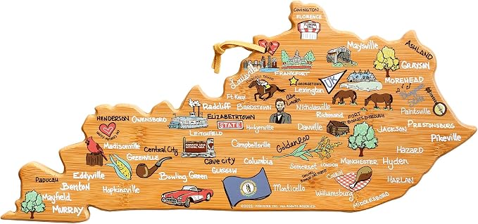 Totally Bamboo Kentucky State Shaped Cutting Board, Art by Fish Kiss | State charcuterie board with colorful hand-drawn map artwork. Smooth reverse side for food prep. Hang tie for wall display.
