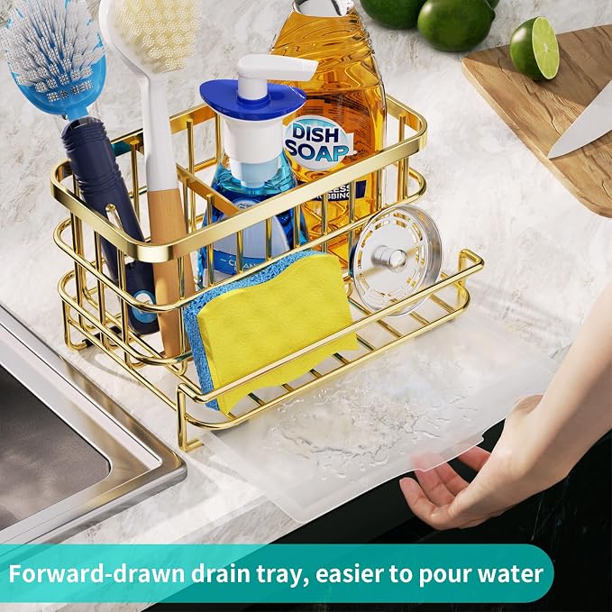 HapiRm Multifunctional Kitchen Sink Organizer with Removable Drain Tray, Quick Draining Rustproof Sink Caddy, Stainless Steel Kitchen Sponge Holder for Holds Sponge, Cleaning Towel and Scrubber - Gold
