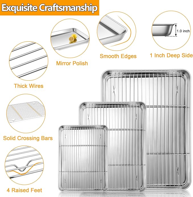 Homikit Baking Sheet with Wire Rack Set (3 Pans + 3 Racks), 16/12/9 Inches | Stainless Steel Sheet Pans with Cooling Racks for Oven, Heavy Duty Metal Cookie Bacon Baking Trays Non Toxic, Dishwasher Safe