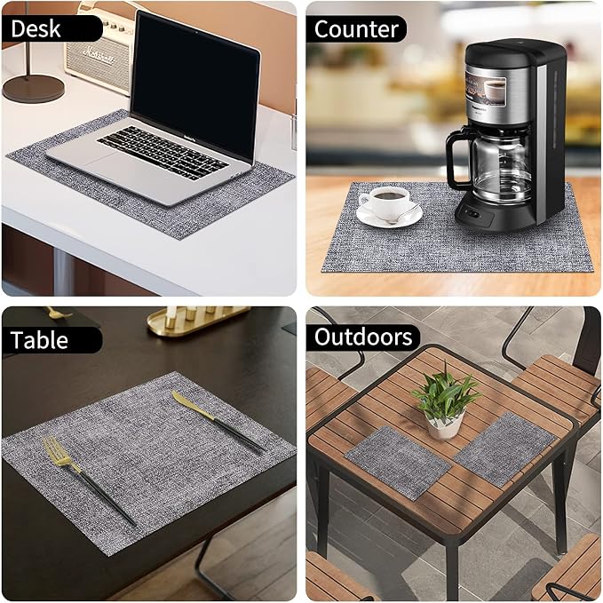 Faux Leather Heat Resistant Placemats 4 Packs, Waterproof Wipeable Dining PU Place Mats for Indoor & Outdoor, Easy to Clean, Smokey Grey