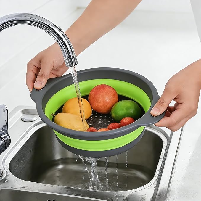 Collapsible Colander Set of 3 with Kitchen Counter Self-draining Base, Round Silicone Food Foldable Strainer for Cooking Pasta, Vegetables and Fruit (3QT, 4QT and 5QT)