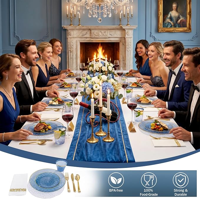 DaYammi 350PCS Blue Plastic Dinnerware Set, Plastic Plates Disposable Hammered Disposable Plates for Party, Include: 50 Dinner Plates 50 Dessert Plates 150 Gold Silverware 50 Napkins 50 Cups