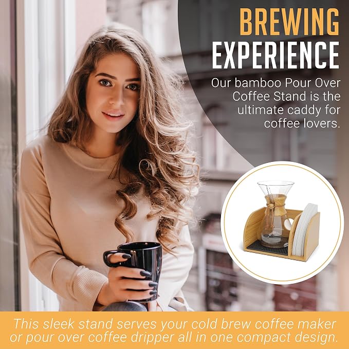 Pour Over Caddy for Chemex Bodum Cosori Coffee Makers Black | Handmade Bamboo Stand, Filter Holder, Heatproof Mat for a Cleaner Coffee Station