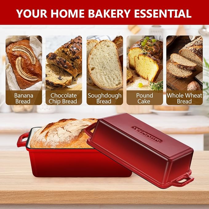 Wildone 2 in 1 Enameled Cast Iron Bread Pan with Lid, 9x5 Loaf Pans for Homemade Sourdough Bread, Cake, Meatloaf, Even Heating Bread Dutch Oven, Red