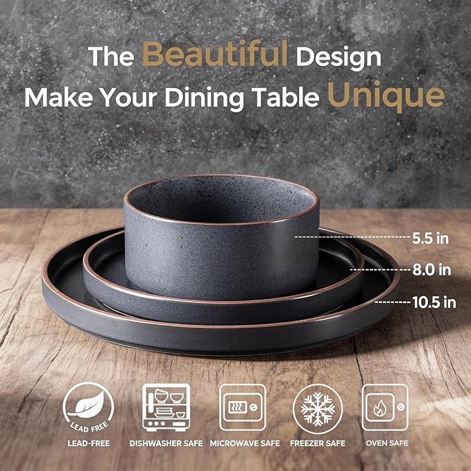LERATIO Stoneware Dinnerware Sets for 8,24-Piece Matte Plates and Bowls Set | Handmade High Edge Rim Dish Set,Oven & Microwave,Dishwasher Safe,Scratch Resistant-Ashen