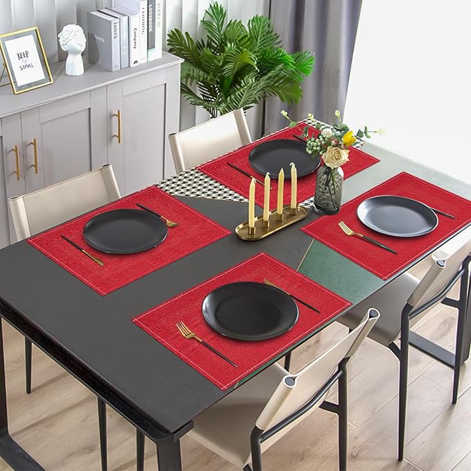 Christmas Placemats Set of 6, 12x18 Inch Rectangular Placemats for Kitchen Table, Red Placemats for Holiday Party Kitchen Dining Room Decoration