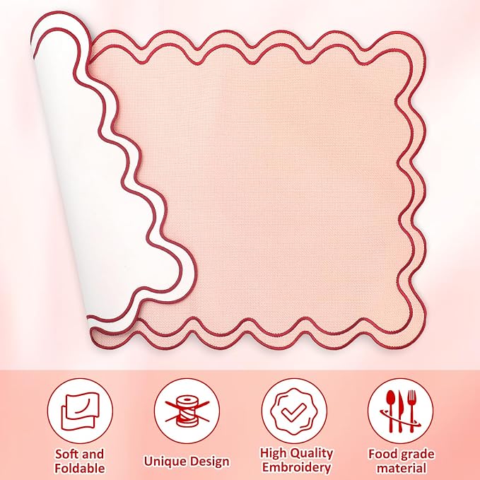 Whaline Vintage Red Pink Linen Placemats Embroidered Scalloped Kitchen Place Mats for Birthday Party Home Dining Table Decor, Set of 6, 13 x 19 in