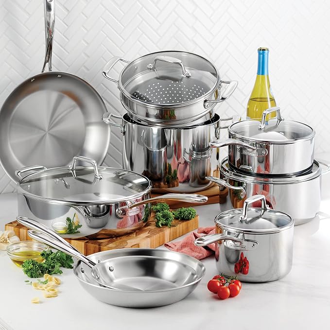 Tramontina Boston Tri-Ply Clad Stainless Steel 14-Pc Pots and Pans Set | Cookware Kitchen Set with Glass Lids, Induction-Ready, Dishwasher-Safe, NSF-Certified
