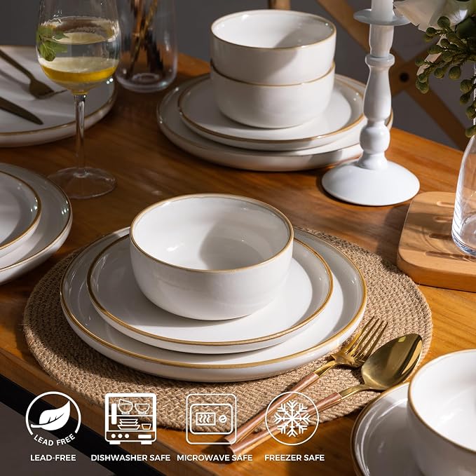GBHOME Dinnerware Sets for 8, 24 Pieces Ceramic Plates and Bowls Set | Scratch Resistant Stoneware Dishes Set, Dishwasher & Microwave Safe, Reactive Glaze, Pearl White