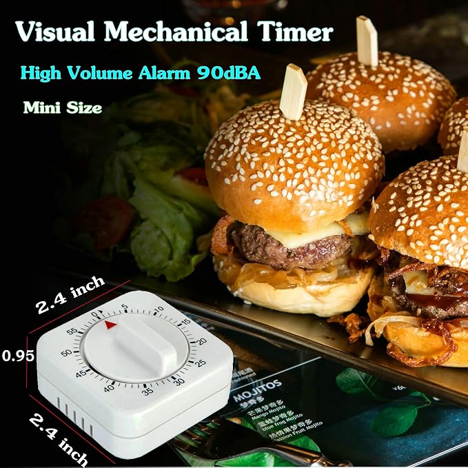 Square 60 Minute Mechanical Kitchen Timer - Visual Kitchen Cooking Timer Clock with Loud Alarm - No Batteries Required-Manual Countdown Timer for Classroom, Home, Study and Cooking (White)