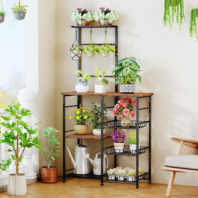 SWTYMIKI Bakers Rack with Storage - Coffee Bar Cabinet with Shelves, Coffee Station Organizer and Kitchen Stand with 8 Hooks, Baskets, Adjustable Feet for Kitchen Dining Room Pantry, Espresso