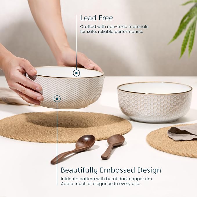 KooK Ceramic Salad Bowls, Embossed Large Kitchen Bowls, For Serving Pasta, Soup, Fruits, Microwave and Dishwasher Safe, Cream with Dark Copper Accents, Set of 2, 60 oz, Narbonne Collection