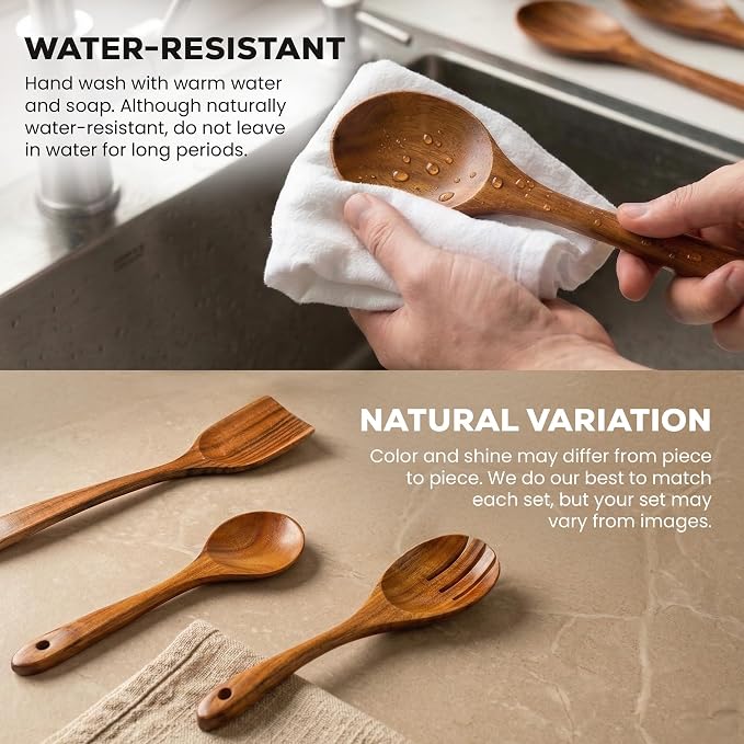 Zulay Kitchen 9-Piece Teak Wood Cooking Utensil Set – Non-Toxic & Non-Stick Safe Wooden Spoons & Kitchen Tools with Comfortable Grip, Smooth Finish Natural Teak – Perfect Kitchen Gift Set